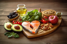 Healthy Food In Heart And Cholesterol Diet Concept On Vintage Boards.