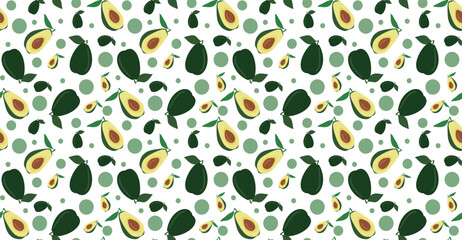 Seamless avocado flat style pattern. Half and whole fruit with leaf vector flat illustration. Fresh and tasty vegetarian concept. Endless background for textile, poster, clothes, banner, table cover.