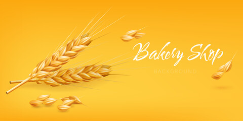 Realistic 3D illustration of a golden ear of wheat on a yellow background with seed. Perfect for bakery shops, agriculture related designs. Represents autumn harvest, natural ingredients, healthy food