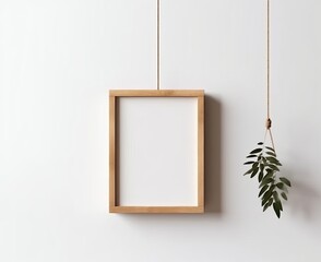 Wall Mural - Blank Wooden Picture Frame Mockup Hanging on Beige Wall Empty Poster Mockup for Art Display. Front View with Copy Space, Generative AI