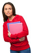 Female student carrying notebooks and looking apprehensive