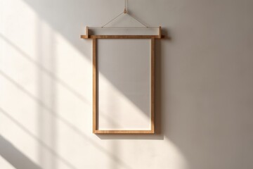 Wall Mural - Blank Wooden Picture Frame Mockup Hanging on Beige Wall Empty Poster Mockup for Art Display. Front View with Copy Space, Generative AI