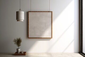 Wall Mural - Blank Wooden Picture Frame Mockup Hanging on Beige Wall Empty Poster Mockup for Art Display. Front View with Copy Space, Generative AI