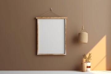 Wall Mural - Blank Wooden Picture Frame Mockup Hanging on Beige Wall Empty Poster Mockup for Art Display. Front View with Copy Space, Generative AI