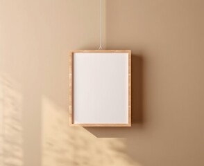 Wall Mural - Blank Wooden Picture Frame Mockup Hanging on Beige Wall Empty Poster Mockup for Art Display. Front View with Copy Space, Generative AI