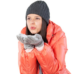 Wall Mural - Portrait of beautiful young woman with make-up in winter clothes