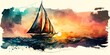 sailboat on ocean at sunset beautiful watercolor style. Glorious Generative AI.
