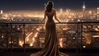 An elegant woman in a formal evening gown, viewed from behind, standing on a rooftop terrace at night, gazing at the sparkling city lights below. Generative AI. 