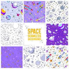 Set of seamless space backgrounds with rockets, planets, asteroids, comets, meteors and stars, undiscovered deep cosmos fantastic textiles fabric for children, endless tiling pattern, vector.