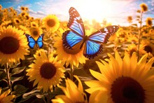 Beautiful Summer Natural Background Scene With A Field Of Sunflowers And Blue Butterflies Generative AI Illustration