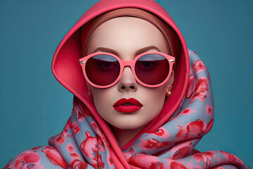 Wall Mural - a woman wearing pink sunglasses and a scarf with red flowers on it, in front of a teal blue background
