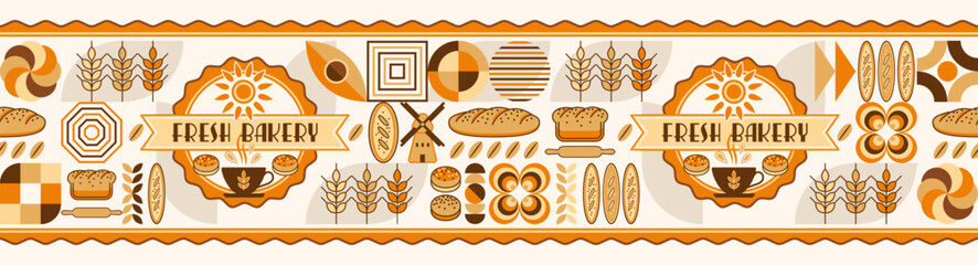 Bread, bakery themed horizontal border with label, icons, design elements in simple geometric style Seamless edging for branding, decoration of food package, cover design, decorative print