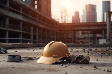 Wall Mural - construction site with safety helmet with american flag. Generative AI