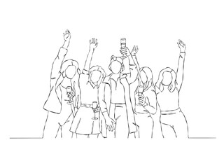 Continuous one line drawing of people cheering glasses of wine. Vector illustration.