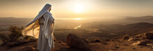 Jesus Christ Is In Prayer, Walking Through The Desert To Preach. The Judean Desert, A Lonely Man Walking. Christian Background, Banner