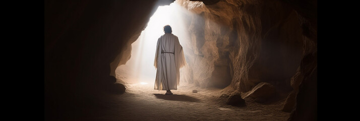 Jesus Christ is praying in a cave. The apostle, the praying man alone, the divine light