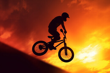 Poster - The silhouette of a BMX rider executing a high-flying trick on his bike, perfectly silhouetted against the radiant glow of the setting sun,. Generative AI technology.