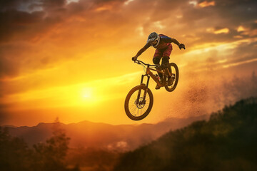 Poster - A dramatic silhouette of a cyclist in mid-air, captured in a moment of suspension as he jumps his bike against the backdrop of a breathtaking golden sunset,. Generative AI technology.