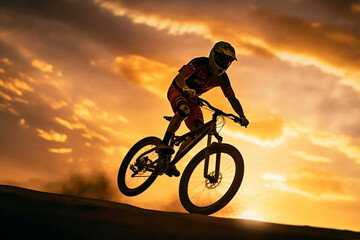 Poster - A bold silhouette of a cyclist soaring through the air on his bike, surrounded by the golden hues of the setting sun, evoking a sense of power, skill,. Generative AI technology.