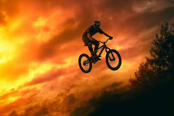 Poster - A mesmerizing silhouette of a freestyle BMX rider in mid-air, executing a trick against the backdrop of a golden sunset, symbolizing creativity, skill. Generative AI technology.