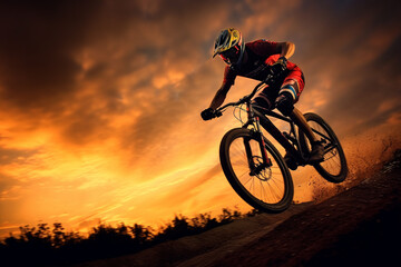 Poster - The graceful silhouette of a road cyclist leaping off a ramp, with the radiant colors of the sunset illuminating the scene, exemplifying speed, agility. Generative AI technology.
