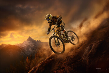 Poster - A breathtaking silhouette of a mountain biker soaring through the air, with the golden hues of the setting sun casting a warm glow on the landscape. Generative AI technology.