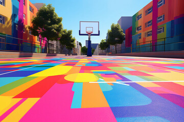 Aufkleber - A unique and artistic outdoor basketball court adorned with vibrant geometric patterns and motifs. Generative AI technology.