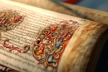 Aufkleber - A close-up shot of an open religious manuscript, with ornate calligraphy and delicate illustrations adorning the aged parchment pages. Generative AI technology.