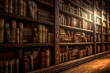 Aufkleber - An image of an open ancient book positioned among rows of other books on a wooden library shelf. Generative AI technology.