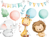 Fototapeta Pokój dzieciecy - Watercolor illustration set of baby animals and balloon