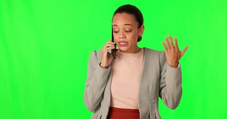 Aufkleber - Business woman, frustrated and phone call by green screen with questions, anger and annoyed in mockup. Young female entrepreneur, negotiation and crm with stress, talking and networking on smartphone