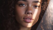 © Generative ART - Horizontal close-up portrait of mixed race curly hair woman looking at the camera. Calm serene lady gently posing next to the window