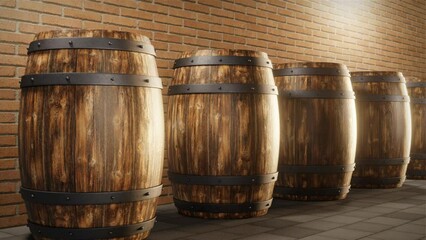 Wall Mural - a visual tour through a series of wooden barrels placed near a wall. industry and craft production. 