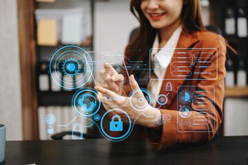 Wall Mural - cyber security data protection business working on compute intelligenc digital tablet global network
