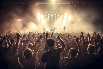 Crowd of music fans at rock concert in front of illuminated stage