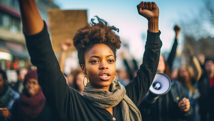 Black lives matter activist movement protesting against racism and fighting for equality Demonstrators from different cultures and race protest on street for justice and equal rights