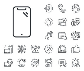 Poster - Phone sign. Place location, technology and smart speaker outline icons. Smartphone line icon. Mobile device symbol. Smartphone line sign. Influencer, brand ambassador icon. Vector