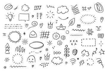 Aufkleber - Hand drawn simple elements set. Sketch underlines, icons, emphasis, speech bubbles, arrows and shapes. Vector illustration isolated on white background.