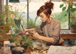 hobby woman gardener work entrepreneur houseplant botanist indoor flower pot florist. Generative AI.
