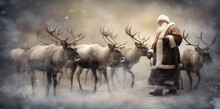 Santa Illustration Claus Reindeer Christmas Sleigh Vintage Snow Card Greeting. Generative AI.