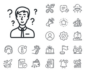 Poster - support consultant sign. salaryman, gender equality and alert bell outline icons. question mark line