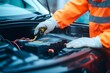 Expert Technician's Hands in Gloves Selectively Focused on an Opened Used Lithium-Ion Car Battery of an Electric Vehicle (EV) for Repair. AI