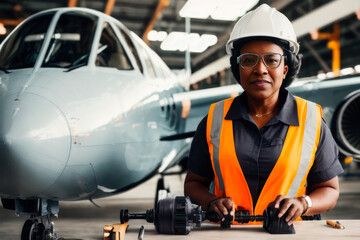 Wall Mural - Digital portrait of a senior successful confident professional female Aerospace engineer is assembling an aircraft engine in a Plane assembly line. Concept of active age. Generative AI