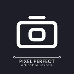 Canvas Print - Camera pixel perfect white linear ui icon for dark theme. Making photo. Messenger feature. Vector line pictogram. Isolated user interface symbol for night mode. Editable stroke. Poppins font used