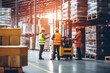 © Kateryna - Workers in a factory warehouse organizing and stacking products, factory, worker, natural light, affinity, bright background, Labor Day, Generative AI