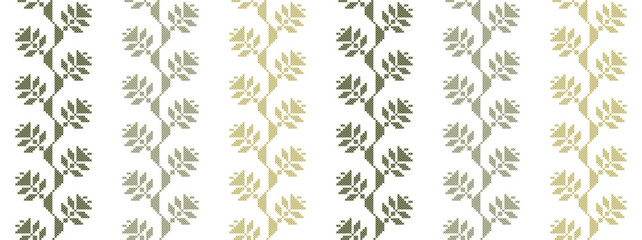 Hop cones green floral wavy vector pattern in stripes. Ukrainian folk ethnic leaves decor. Urban style pixel art vector decor. Fashion wavy floral print in green colors