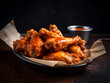 A tray of delicious buffalo chicken wings, crispy and coated in spicy sauce.