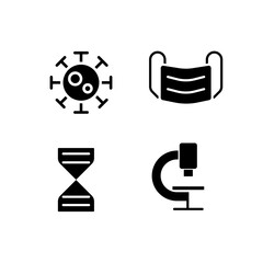 Poster - Virus prevention and treatment black glyph icons set on white space. Laboratory research of pathogen. Face mask. Silhouette symbols. Solid pictogram pack. Vector isolated illustration