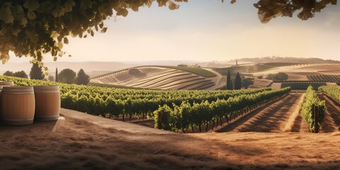 AI Generated. AI Generative. Vintage vineyard wine barrel industry with wine grape field nature outdoor plant. Graphic Art