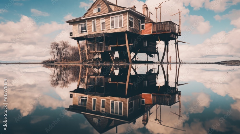 Imprint of the house on the water. Upside down house. Generative AI ...